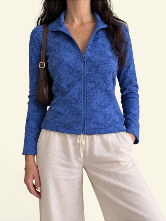 erin london Jackets & Blazers - Vintage Erin London Y2K Blue Sheer Burnout Zip Jacket Mock Neck Plisse Mesh PS